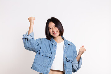 Portrait of happy Asian woman wearing jean shirt isolated on white background