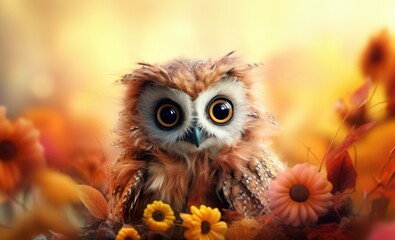 Cute illustration of a baby owl in the forest with unruly fluffy feathers and adorable big eyes and expression, surrounded by vibrant colorful flowers and leaves - generative AI 