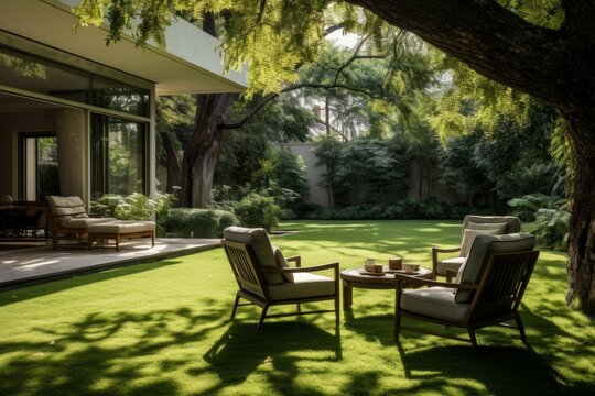 Luxury chairs backyard daytime. Generate Ai