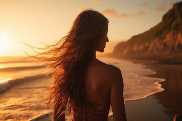 Girl beach sunset. Generate Ai
