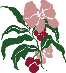 Vector tropical abstract vertical bouquet of red and pink flowers, green leaves. Hand painted floral poster isolated on white background. Holiday Illustration for design, print, fabric or background.