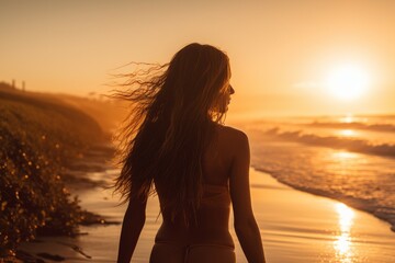 Girl surfer beach sunset. Generate Ai