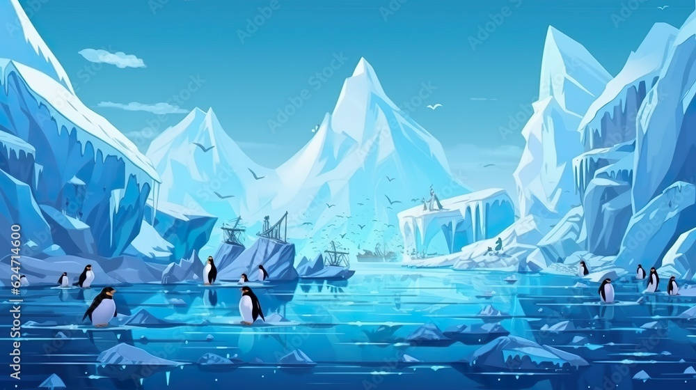 Poster Background iceberg with penguins. Intricate illustration showcasing the charming interaction between penguins and icebergs in a mesmerizing composition. Generative AI.