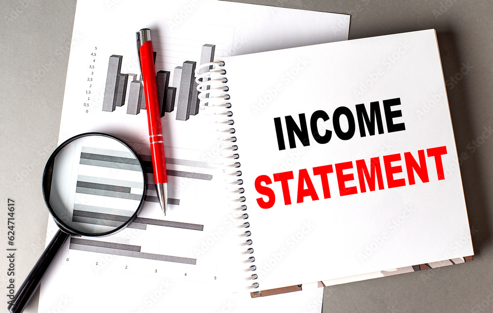 Poster income statement text written on notebook with chart