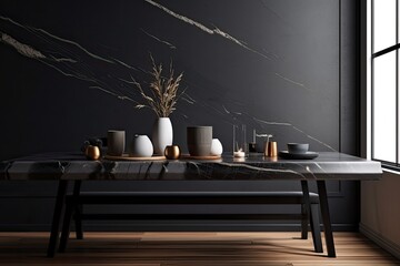 Minimalist arrangement on a hardwood and epoxy table with marble vessel, black cups, and a spoon. Interior of a modern dining room. Details. Template. Generative AI