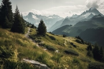 Swiss alps path. Generate Ai