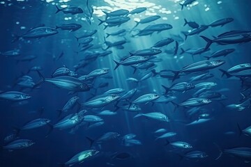Fototapeta na wymiar Underwater world, flock of fish in blue water. Illustration.