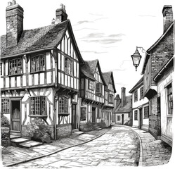 Old english or european town engraving vector illustration.