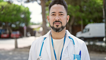 Young latin man doctor standing with relaxed expression at park