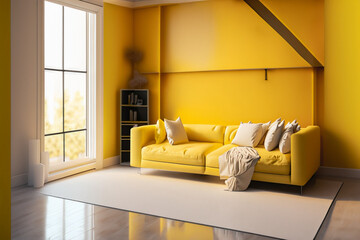 modern living room with sofamodern living room with a window, a modern bedroom, modern architeture ,yellow color building structure, Ai Generate 