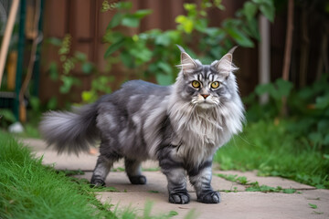 Naklejka na ściany i meble Beautiful grey maine coon cat walking in the yard. Generative AI