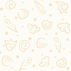 Scribbles of shells forming sea shells shore seamless vector pattern in a palette of beige and off white.Great for home decor, fabric, wallpaper, gift wrap, stationery, design projects.