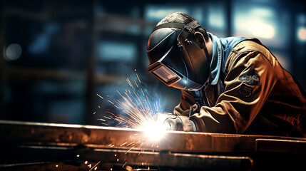 welder is welding metal , industry them bokeh and sparkle background - obrazy, fototapety, plakaty
