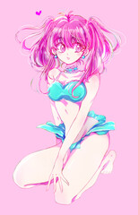 水着の女性　ツインテール　ピンク髪