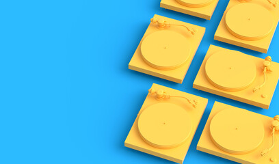 Set of vinyl record player or DJ turntable with retro vinyl disk on monochrome