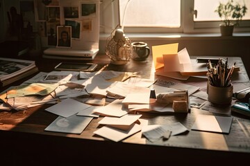 On the grid of the mood board is an office desk with a counterfeit blank paper card. warm light at sunset. wedding, branding, and marketing. Generative AI