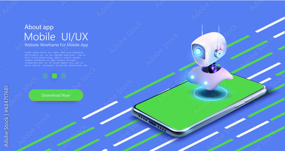 Fototapete Cute neon cartoon robot. AI Content Generator. Chatbot technology, isometric. Technology and engineering. AI chat bot based on artificial intelligence