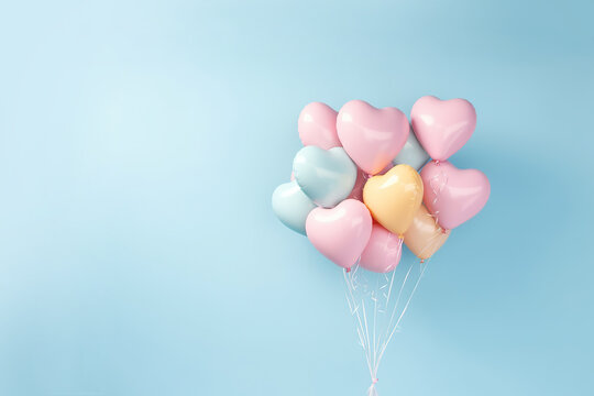 Heart shape balloons on light blue background. Love, relationship, friendship minimal concept, with copy space. AI generative, illustration.