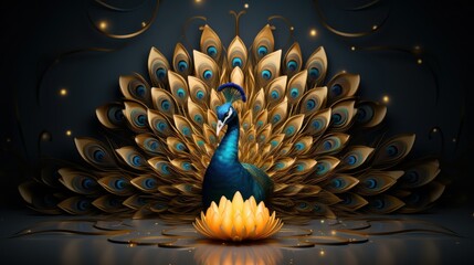 Diwali Festival Background with Oil Lamps and Auspicious Peacock. Hindu Festival Celebration. Generative Ai