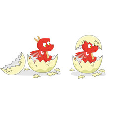 Cute cartoon  red baby dragon hatching from egg white background