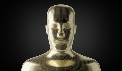 Geometrical, golden human face on dark background - 3D illustration