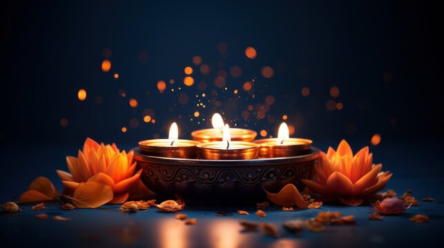 Happy Diwali Festival Background, Decorated with Oil Lamps. Hindu Festival of Lights Celebration. Generative Ai