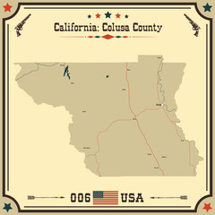 Large and accurate map of Colusa County, California, USA with vintage colors.