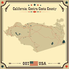 Large and accurate map of Contra Costa County, California, USA with vintage colors.