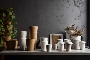Fototapeta na wymiar Plant composition, dark brown takeout cups in a white container, and a wall made of rough cement. Generative AI