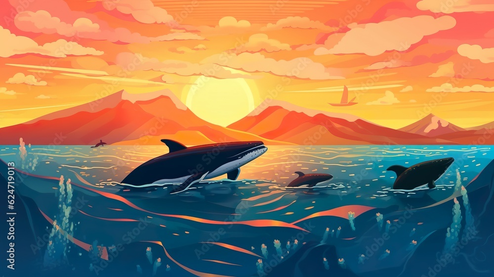 Poster abstract background migrating whales. witness the majestic migration of whales in an abstract backgr