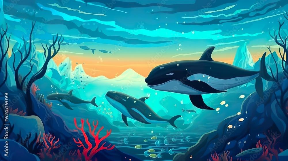 Poster abstract background migrating whales. whale migration comes to life in an abstract background illust