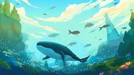 Obraz na płótnie Canvas Abstract background migrating whales. visual journey of whale migration through a captivating illustration that seamlessly blends with abstract backgrounds in banner designs. Generative AI.