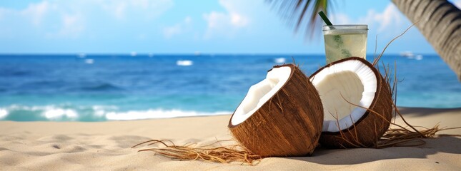 Vacation panorama, Tropical setting, Beach sand, Coconut, Drink, Holiday, Palm. A FRESH DRINK ON THE BEACH! Two coconuts with white pulp. Paradisiac sky. Palm tree and placid waters. Generative AI