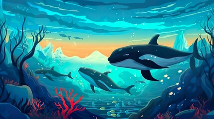 Abstract background migrating whales. Whale migration comes to life in an abstract background illustration designed for captivating banners. Generative AI.