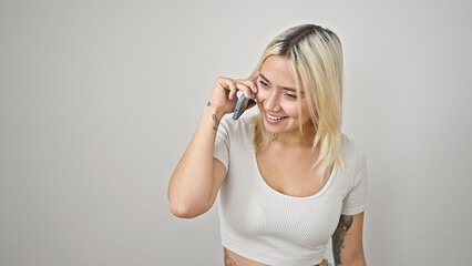 Young beautiful hispanic woman smiling confident talking on the smartphone over isolated white background