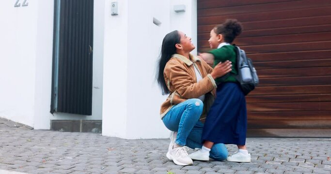 Arrive home, student girl hugging her happy mother outdoor after school education or learning for child development. Family, love and a female kid running to greet her parent at the door of a house