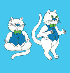 Cat hand drawn thin character, intelligent cat character wearing vest and tie, cat meditating and showing like