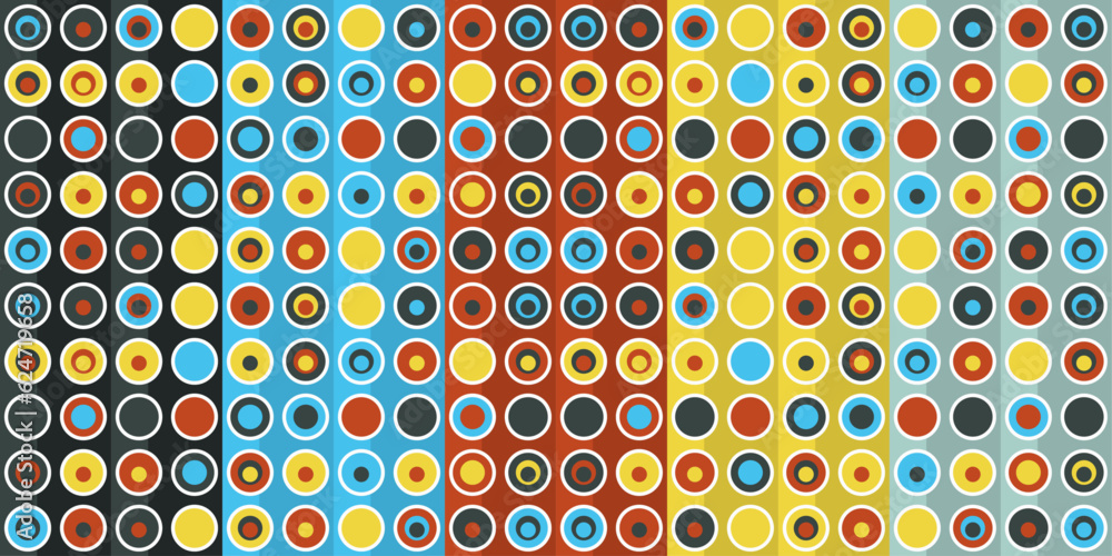 Fototapete A grid of circles, inside of which there are another bright small circles. Vector grid of simple and colored circles. Vertical columns with circles.
