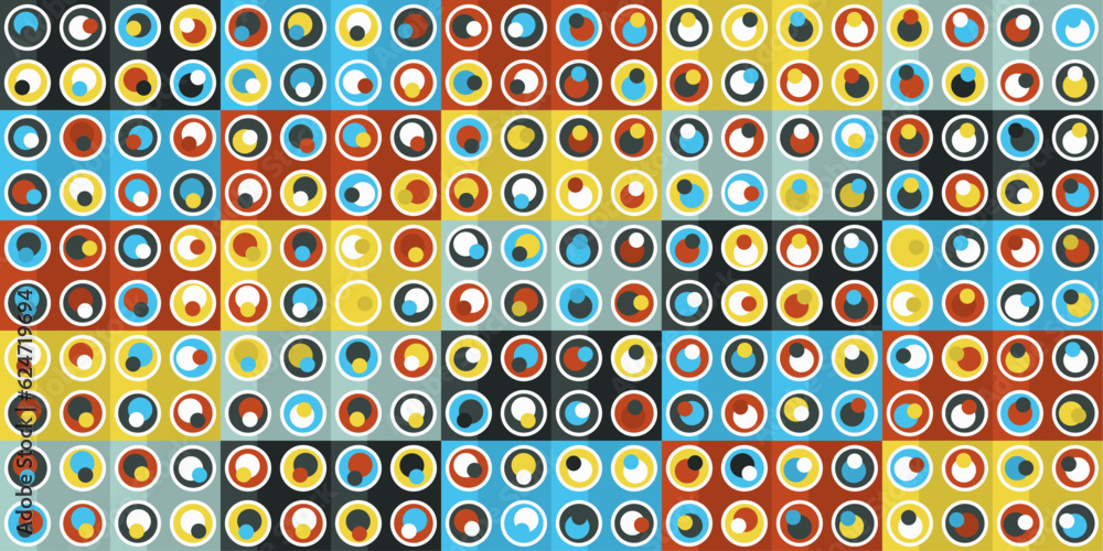 Fototapete A grid of circles, inside of which there are another bright small circles. Vector grid of simple and colored circles. For wallpapers, pillows, notebooks, cups, textiles, interiors, packaging, covers.