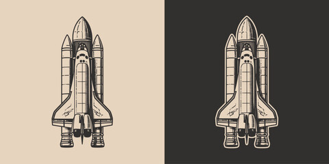 Set of vintage galaxy space rocket shuttle. Can be used like emblem, logo, badge, label. mark, poster or print. Monochrome Graphic Art. Vector. Hand drawn elements engraving © Graphic Warrior