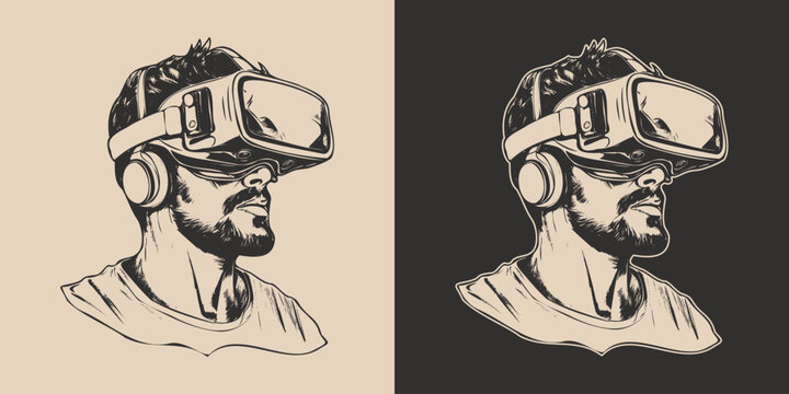 Vintage retro engraving hand drawn vr virtual reality ai mask headset helmet glass. Future innovation technology education cyber. Graphic Art