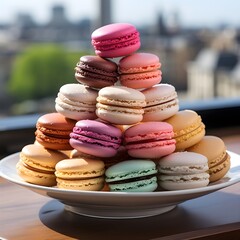 Fototapeta premium White plate with dozens of different colored macarons on a wooden a table in view of city, bright daylight, luxury pastries, created with Generative AI Technology