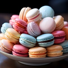 Obraz premium A colorful assortment of macarons on a table in a Parisian patisserie, created with Generative AI technology