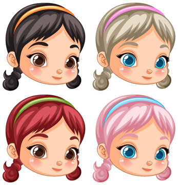 Set of girl cartoon head with pigtail hair