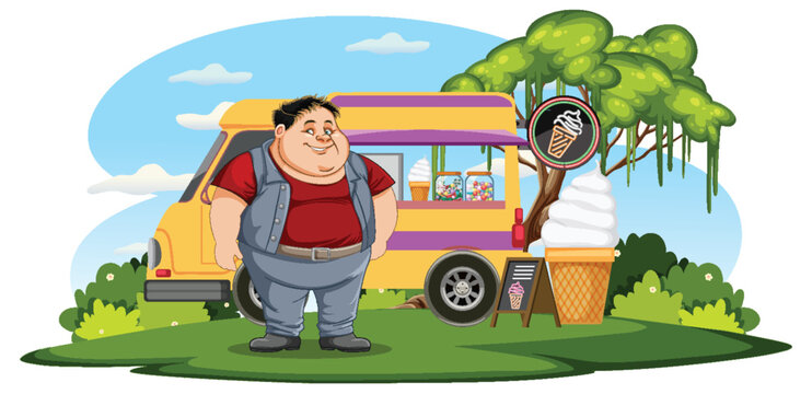Overweight man in front of ice cream food truck