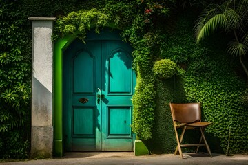 Fototapeta na wymiar a house Shadows of tropical foliage on a green wall in the Caribbean