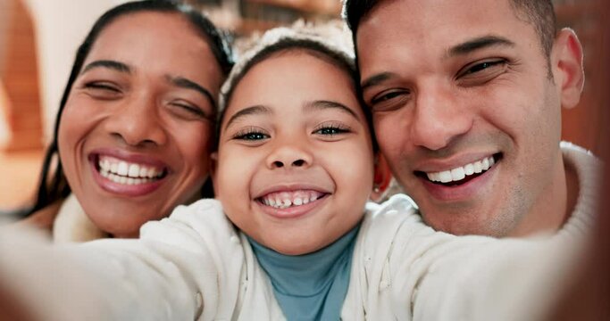 Girl child, parents and selfie with face, smile or together for post, blog or update on social media in family home. Dad, mother and daughter for memory, photography or profile picture for portrait