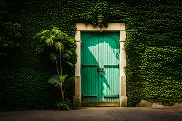 a house Shadows of tropical foliage on a green wall in the Caribbean