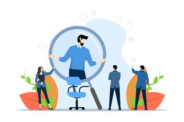 We are recruiting concept. The perfect young candidate emerges from a large magnifying glass. deployment. online recruiting and headhunting agency. Interview. Hiring employees. Vector illustration