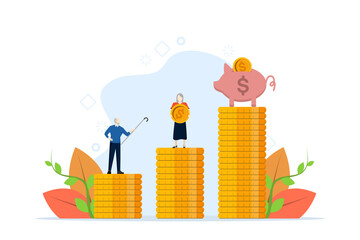 Concept of retirement savings, insurance pension, funded pension, investment. Elderly, retired couple standing beside piggy bank and coins. Vector illustration in flat design on white background.
